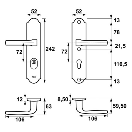 Klamka + klamka Verona Flex AXA F8 czarna rysunek techniczny rozstaw 72 mm