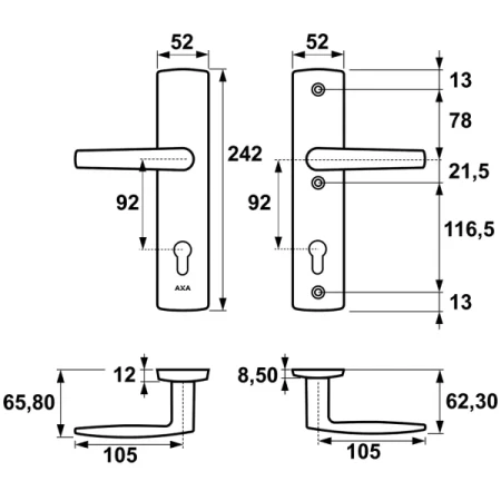 Klamka + klamka DIVA AXA 92 mm rysunek techniczny