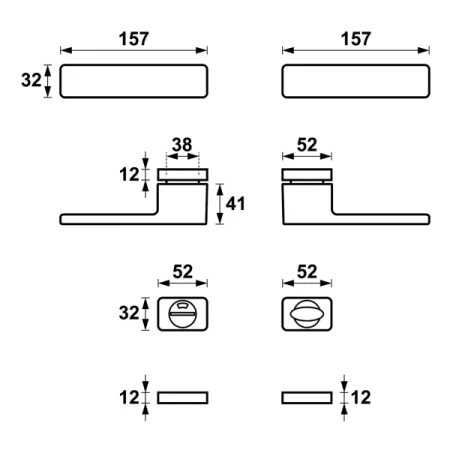Klamka + klamka Libera AXA drzwi wewnętrzne F3 złota z rozetą WC rysunek techniczny