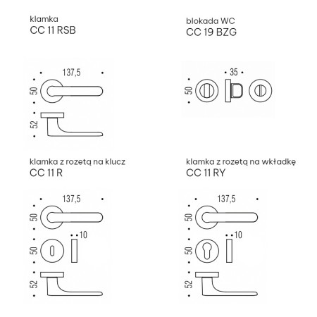Klamka ONE C24 szaro beżowy Colombo rysunek techniczny