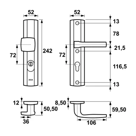 Klamka + gałka Prestige FLEX AXA F3 złota rysunek techniczny rozstaw 72 mm
