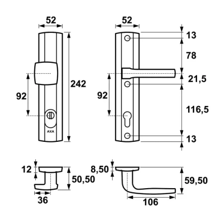 Klamka + gałka Prestige FLEX AXA F3 złota rysunek techniczny rozstaw 92 mm