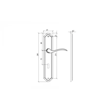 Klamka Amadeus mosiądz połysk długi szyld WC Griffwerk rysunek techniczny
