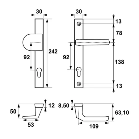 Klamka + pochwyt Slim AXA rysunek techniczny rozstaw zamka 92 mm
