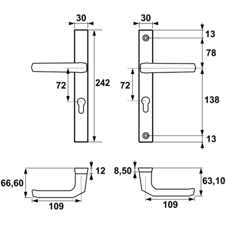 Klamka+ klamka Slim PLUS AXA rysunek techniczny rozstaw zamka 72 mm
