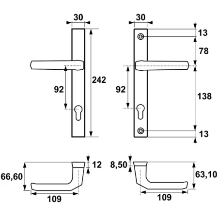 Klamka+ klamka Slim PLUS AXA rysunek techniczny rozstaw zamka 92 mm
